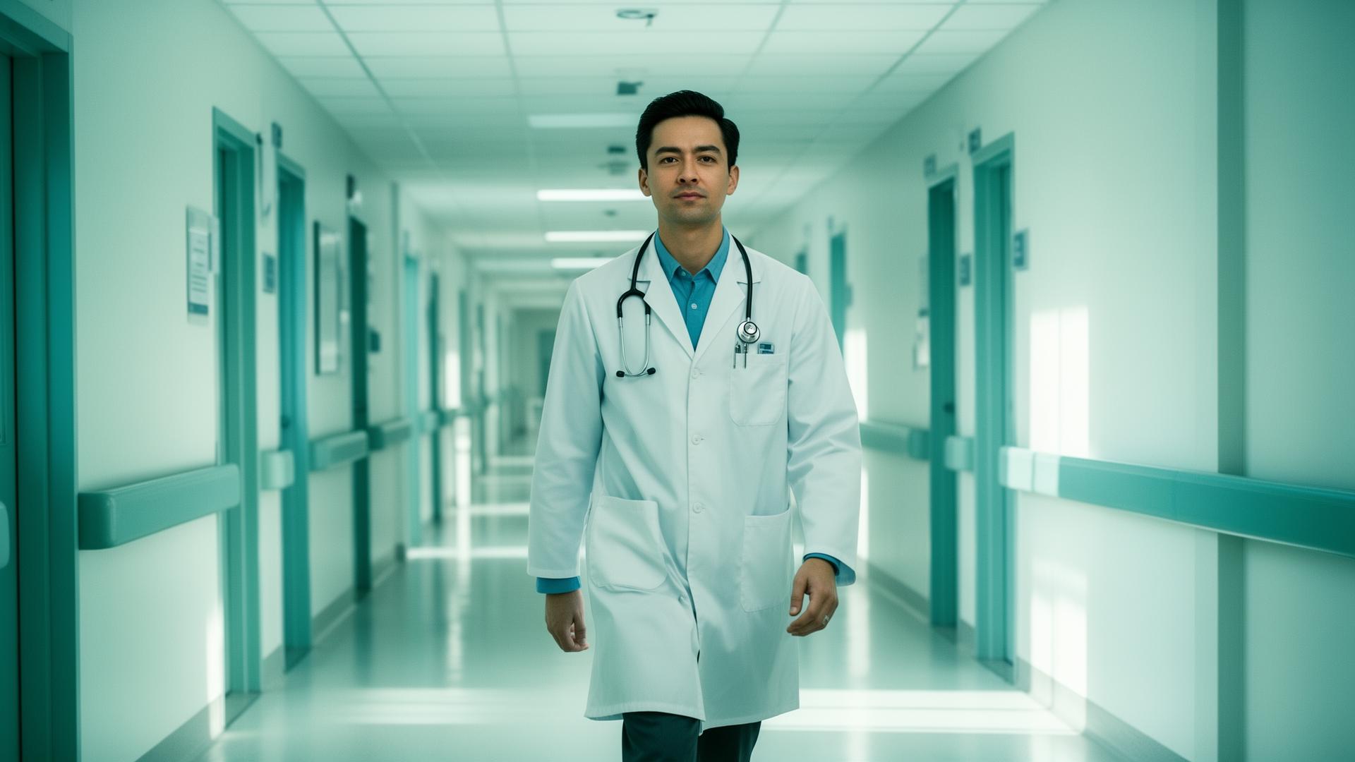 Médico especialista caminhando por um hospital